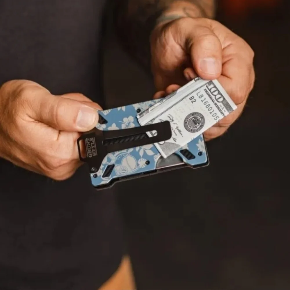 NEW Grunt Style Phantom Wallet Blue Tiki Skull Minimalist Tactical Money Clip